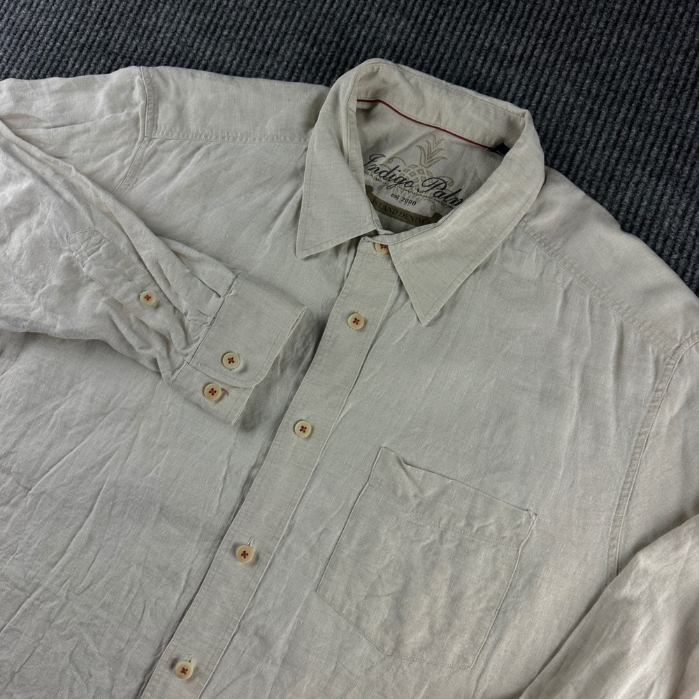 Indigo Palms Island Denim Mens XXL Beige 100% Linen Button Up Shirt Tommy Bahama
